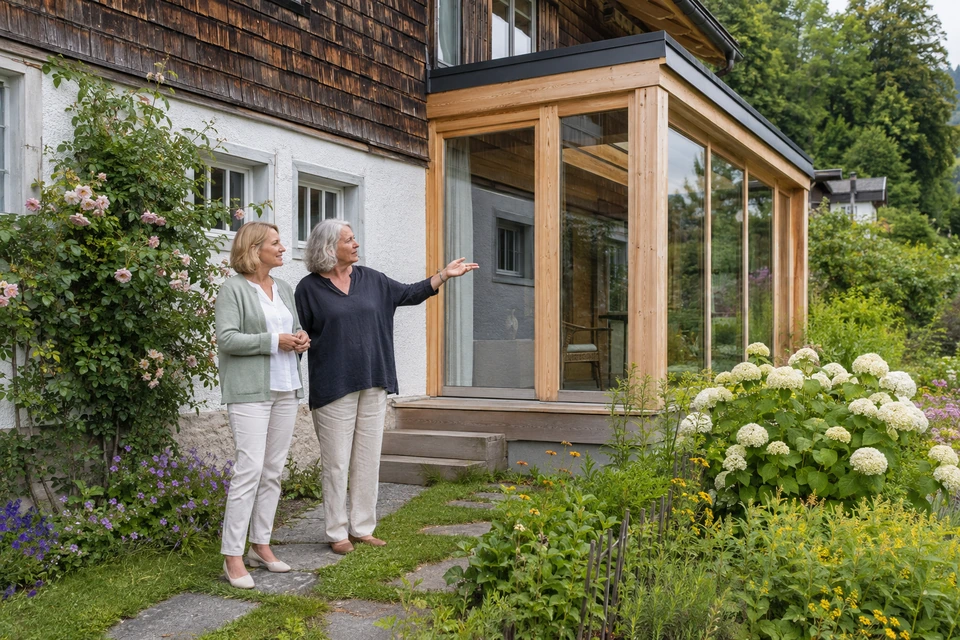 Symbolisches Gespräch vor einem Vorarlberger Haus mit modernem Zubau
